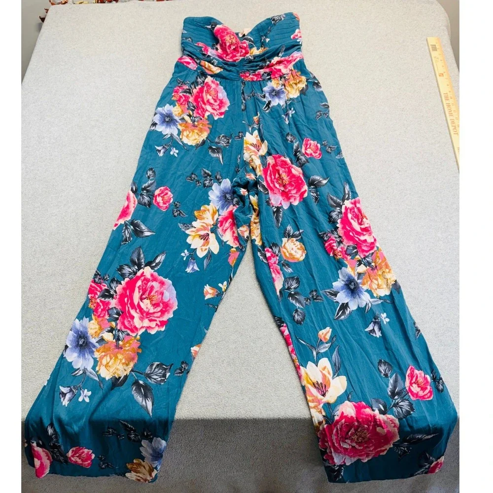 Heart Of Gypsy Jumpsuit Womens Large Teal Blue Floral Strapless Wide‎ Leg Boho